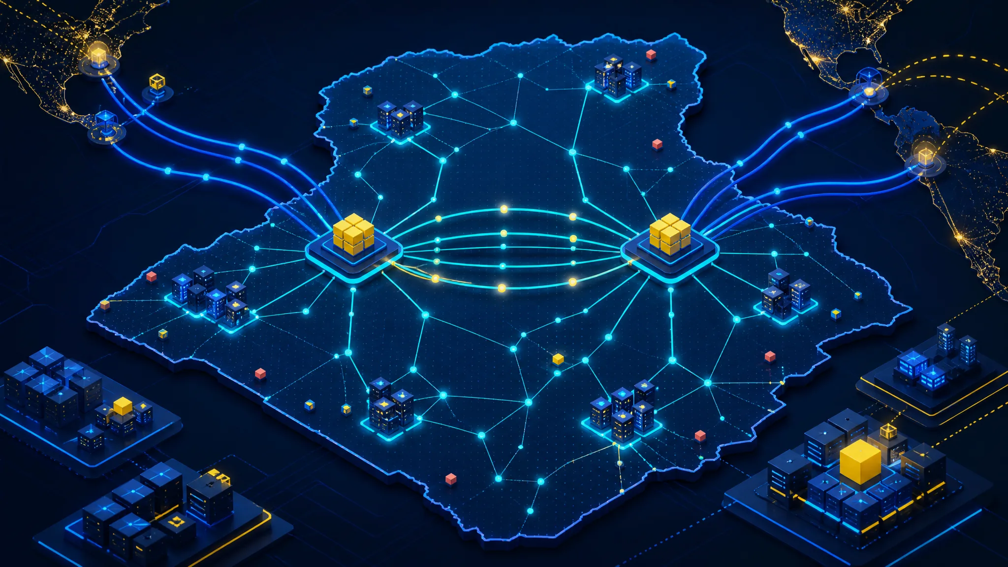 Illustration abstraite de chemins réseau redondants reliant des points d’échange Internet en Algérie