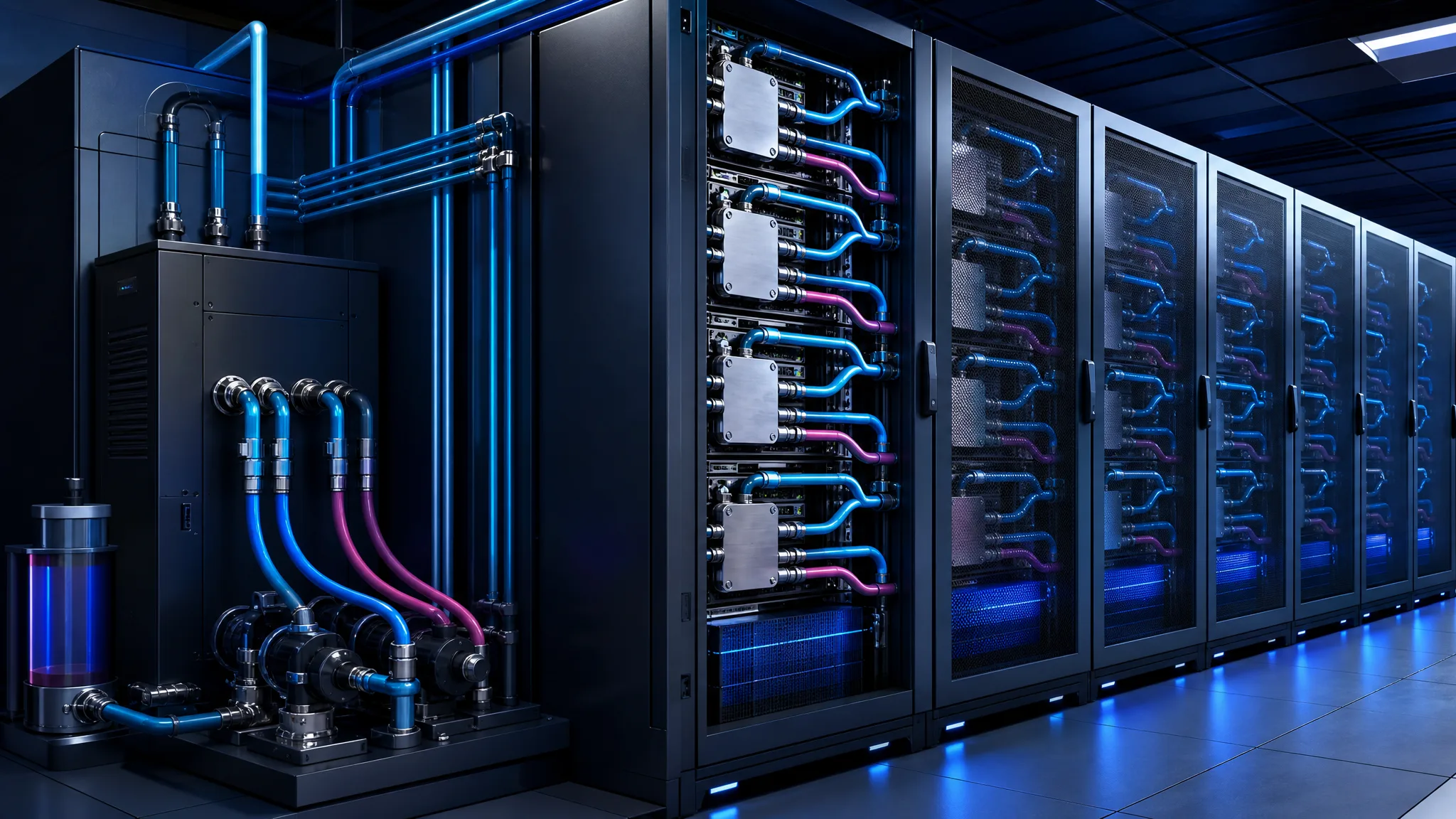 Illustration d’une infrastructure de refroidissement liquide direct reliant des racks denses à des unités de distribution et des manifolds