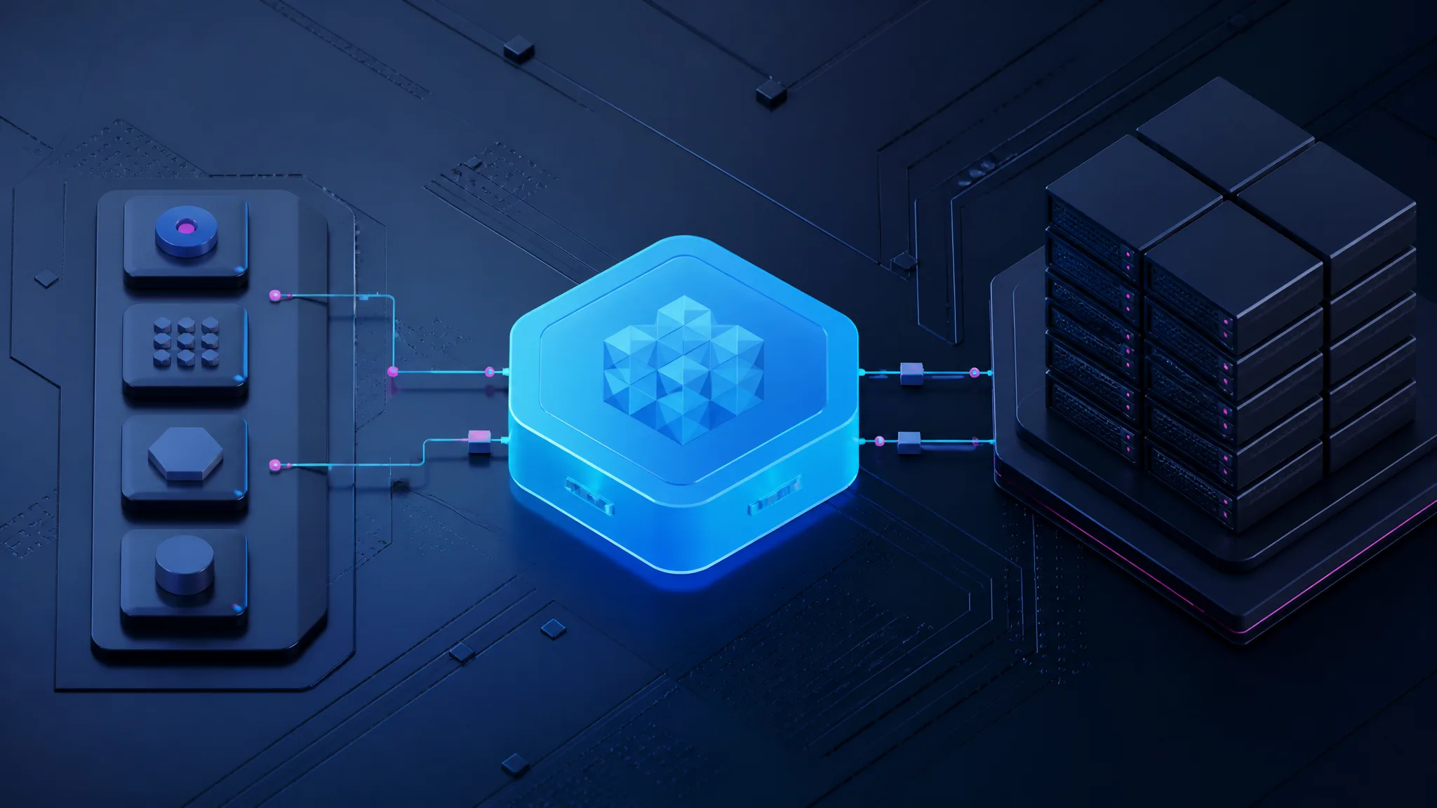 Illustration abstraite d’un module WebAssembly relié à des capacités serveur dans une infrastructure bleu nuit