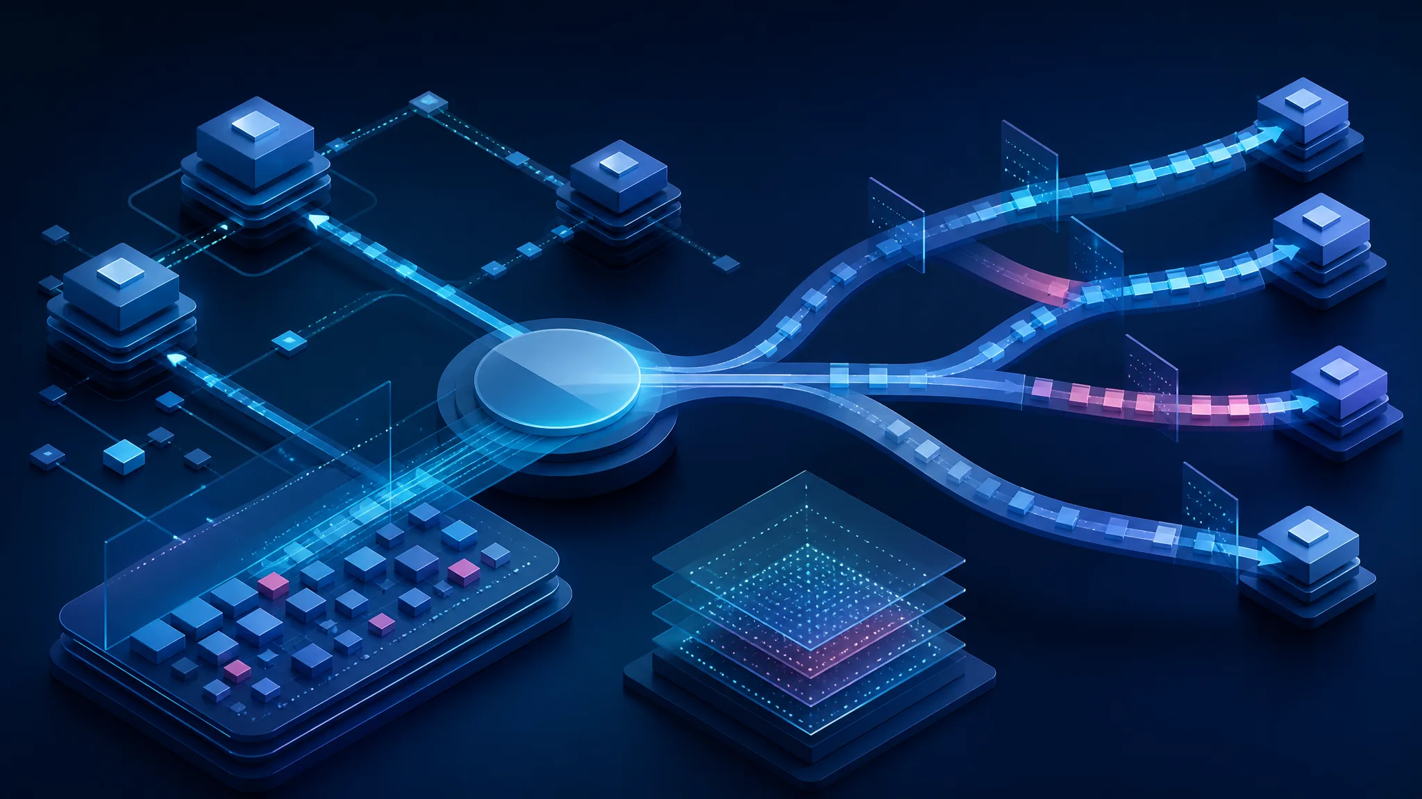 Illustration abstraite d’un système distribué dont les événements réseau, le temps et le stockage sont contrôlés par une simulation.